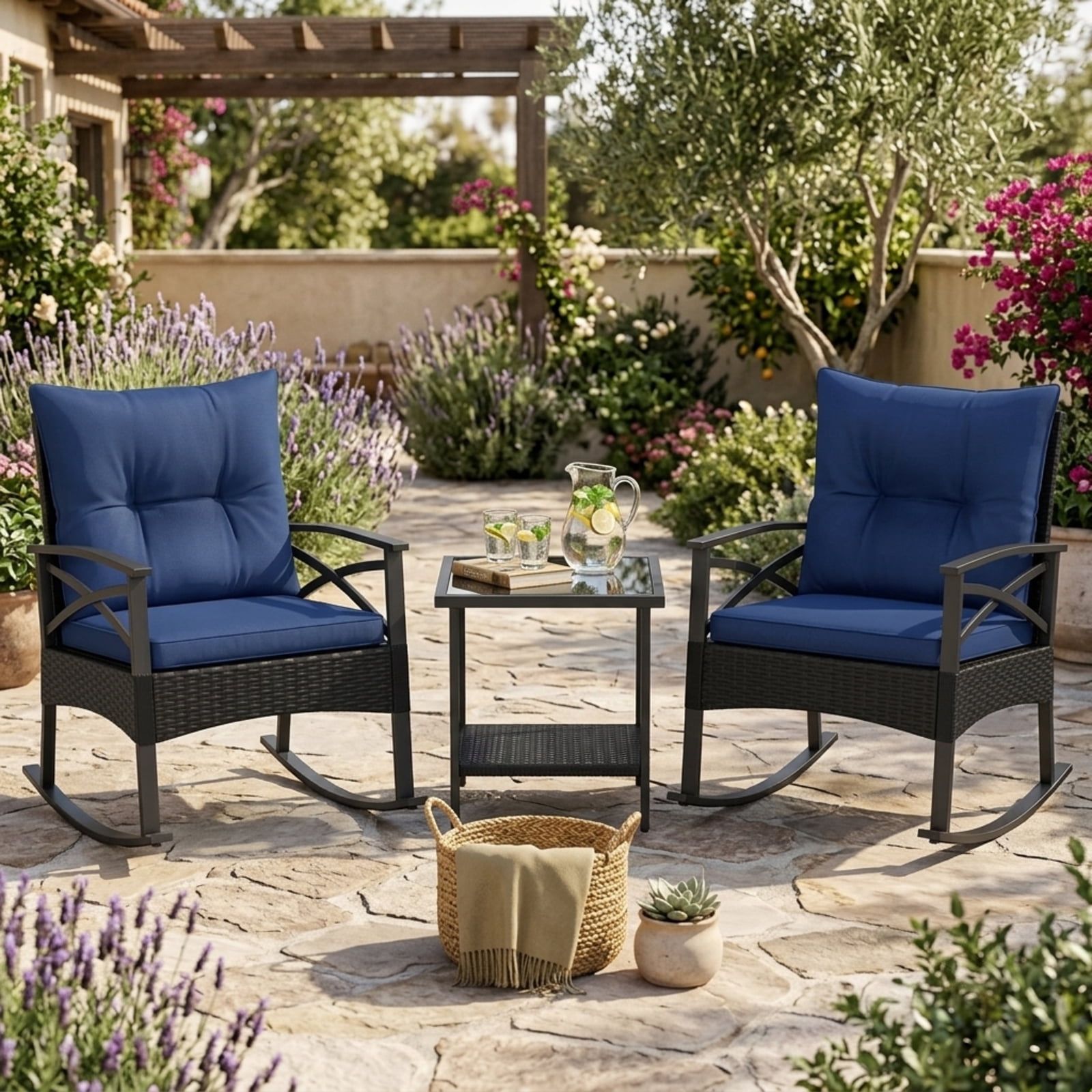 Furnibear 3-Piece Outdoor Rocking Chair Set with Side Table, 2 Wicker Rocking Chairs, Navy Cushions, 400 lbs Capacity, Patio Garden Backyard