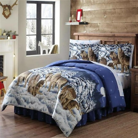 First Bed - Ellison First Asia 20681801BB-MUL Midnight Wolves Bed in a Bag Comforter Set, Blue - Twin Size, 6 Piece