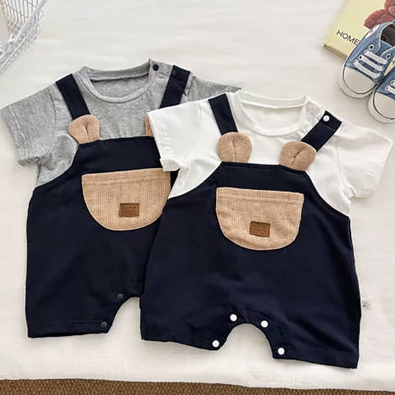 Overalls Romper Short Sleeve Bear Design Playsuit Breathable 1-Piece Outfit for Baby Boys Everyday Wear White 12-18 Months