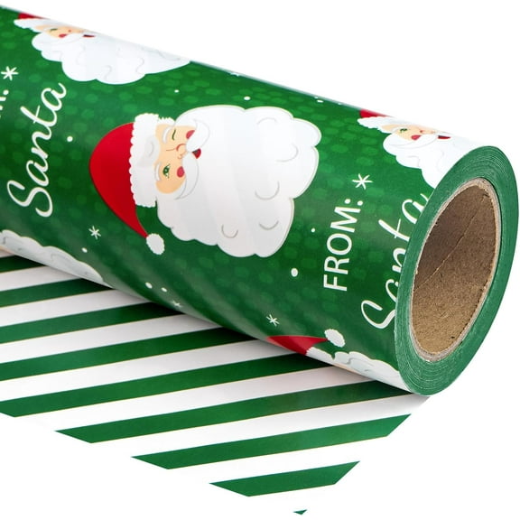 AUR 30 Inch Jumbo Reversible Green Christmas Wrapping Paper - 30 Inch x 33 Feet - Green Santa Wrapping Paper and Stripe Perfect for Christmas, Holiday, Party Celebration