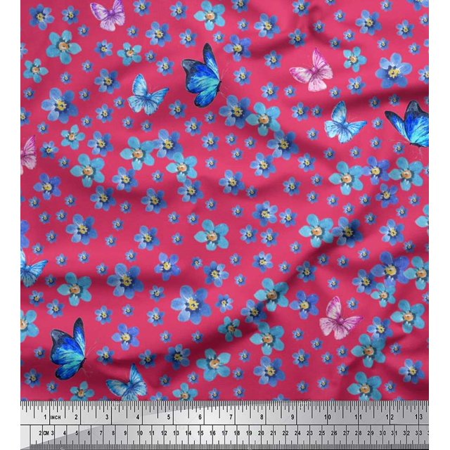 Soimoi Cotton Duck Fabric Butterfly & Flower Printed Fabric 1 Yard 42 Inch Wide