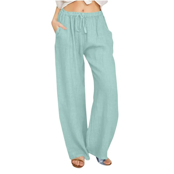 VBVC Women's Drawstring Linen-Cotton Sweatpants,Summer Workout Trousers For Women,Ladies Breathable Pants with Side Pockets,Mint Green,Size L