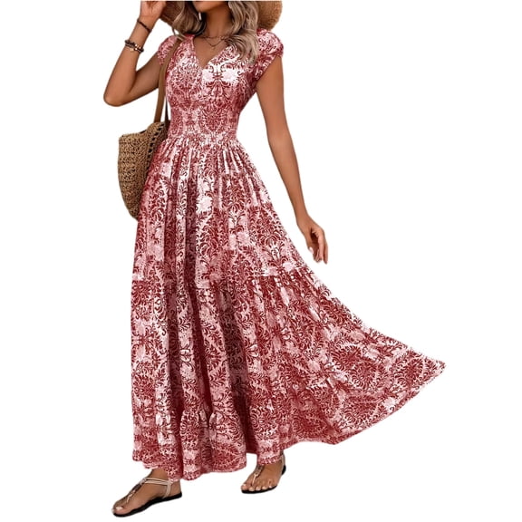 Boho Dresses for Women V Neck Short Sleeve Floral Printed Maxi Dresses Elastic Smocked Waist Tiered A Line Casual Dresses, 2XL