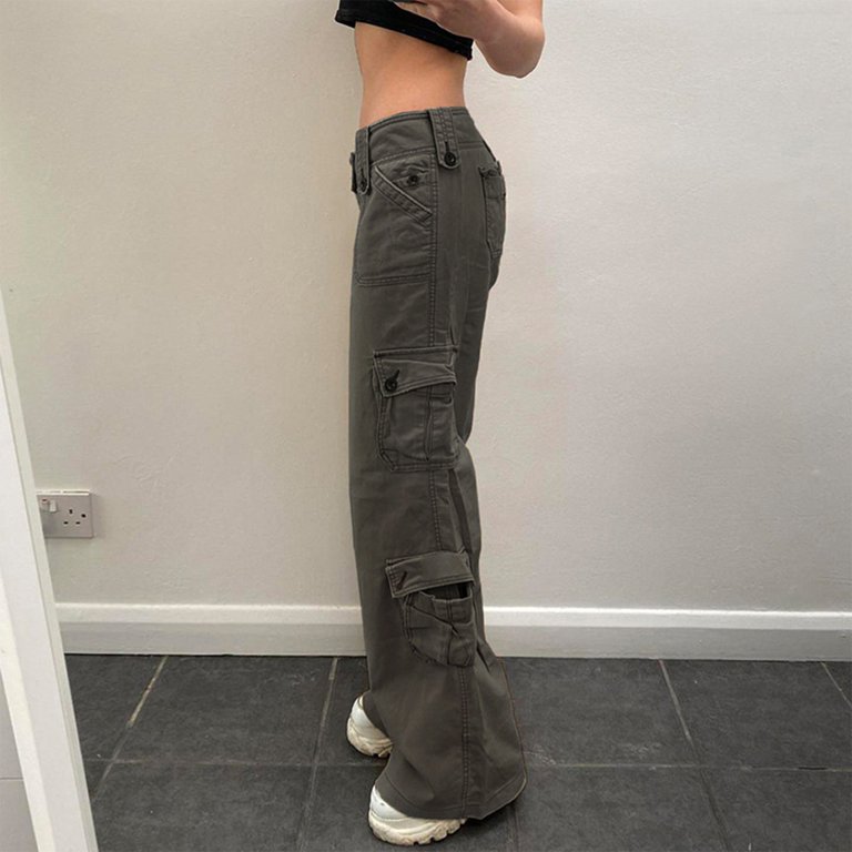 ZXHACSJ Women's Double-Row Lace-Up Workwear Multi-Pocket Denim Casual Pants  Gray M 