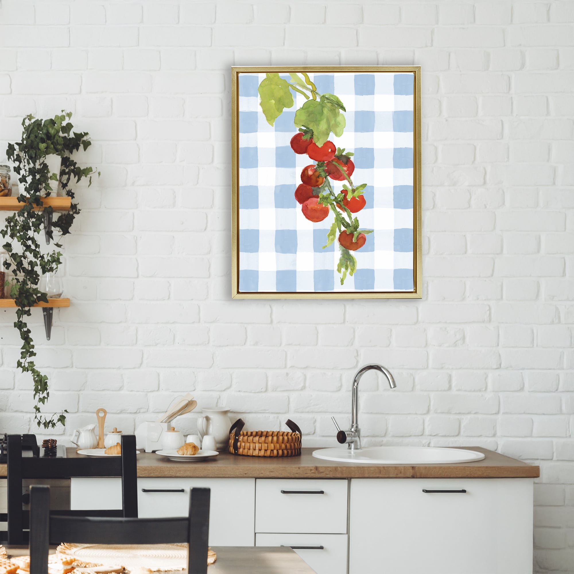 Stupell Industries Vine Ripe Tomatoes on Plaid Gold Framed Floater Canvas Wall Art, design by Lanie Loreth