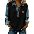 thumbnail image 2 of VJGBEGW Women's Denim Patchwork Sweatshirts Henley Button Lapel Collar Long Sleeve Shirt Color Block Loose Fit Pullover Tops Black XL, 2 of 9