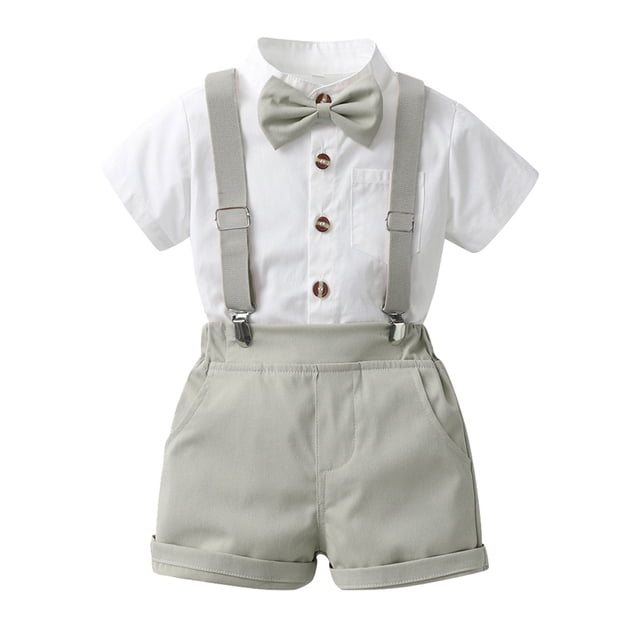Zpanxa Boys Summer Outfits Kids Gentlmen Bow Solid Color Short Sleeve Shirt Strap Pants Set 18 Months