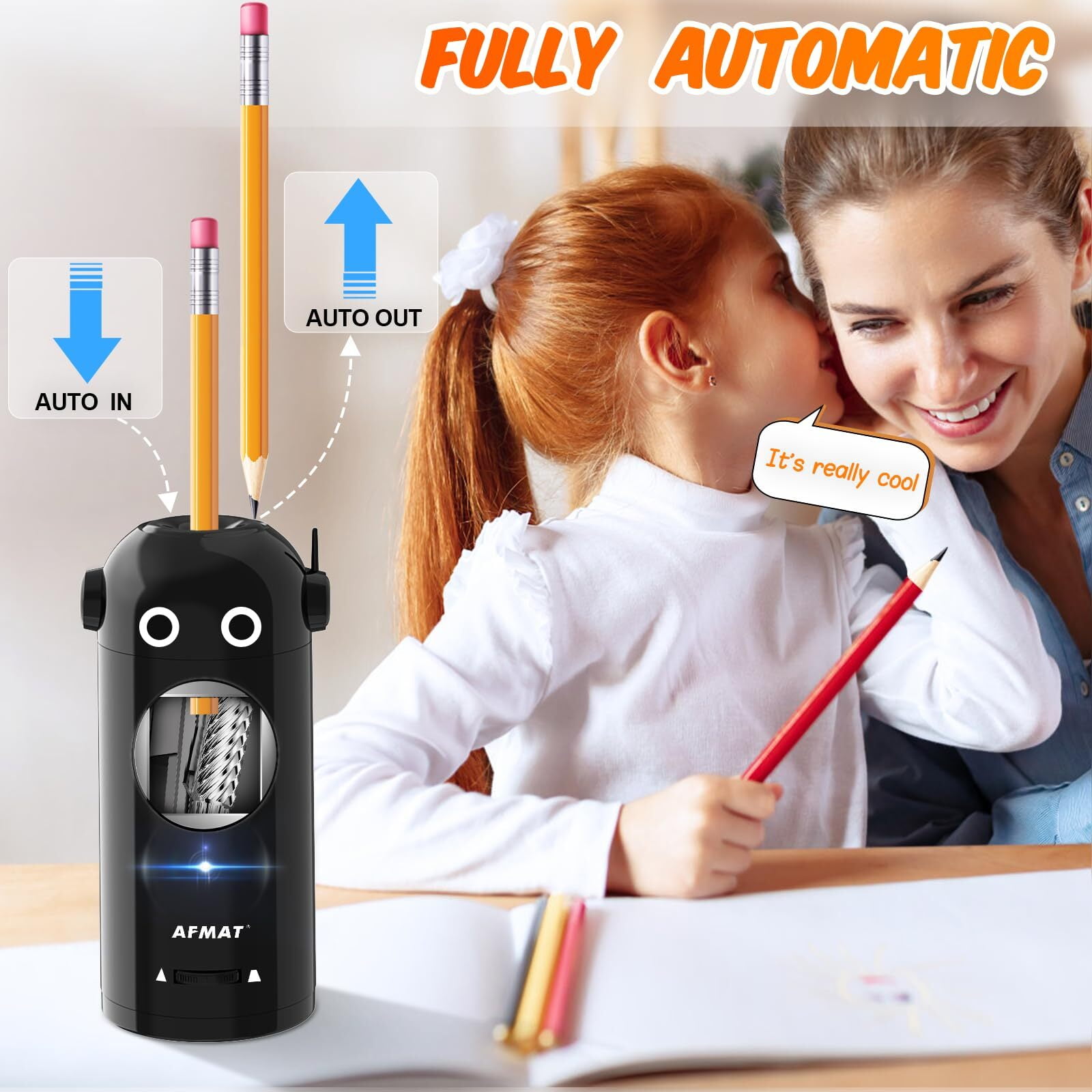 AFMAT Electric Pencil Sharpener for 7-11.5mm, Auto in & Out, Fully Automatic Rechargeable Hands-Free Pencil Sharpener, Black,New,7.9"H