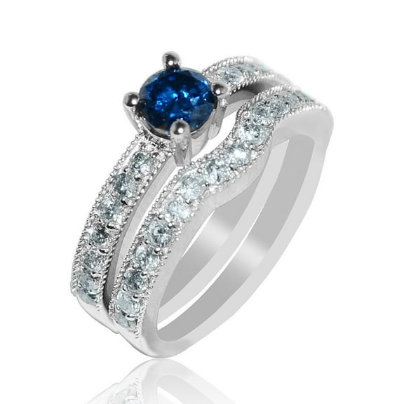 1.3cttw w Diamond Bridal Rings Set 1/2cttw Blue Diamond Center 10K White Gold(1.3cttw)