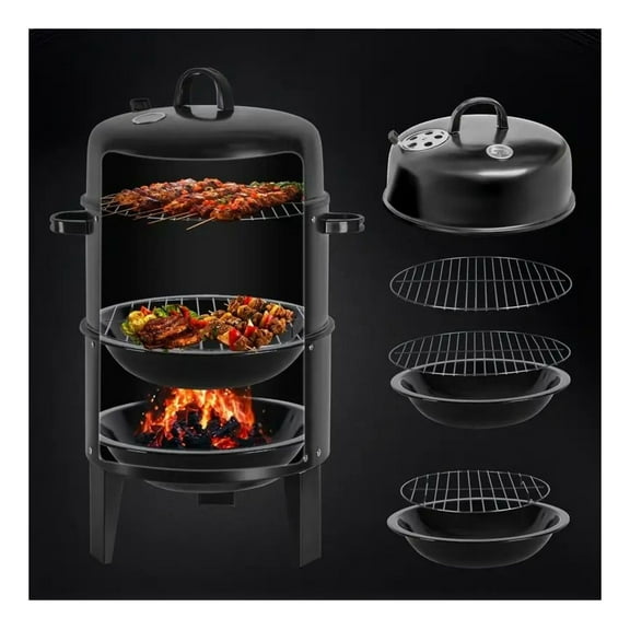 16" 3-Tier Portable Charcoal Smoker Grill with Easy Temperature Control - Black Vertical Grill for Camping, Outdoor Cooking and Backyard Parties