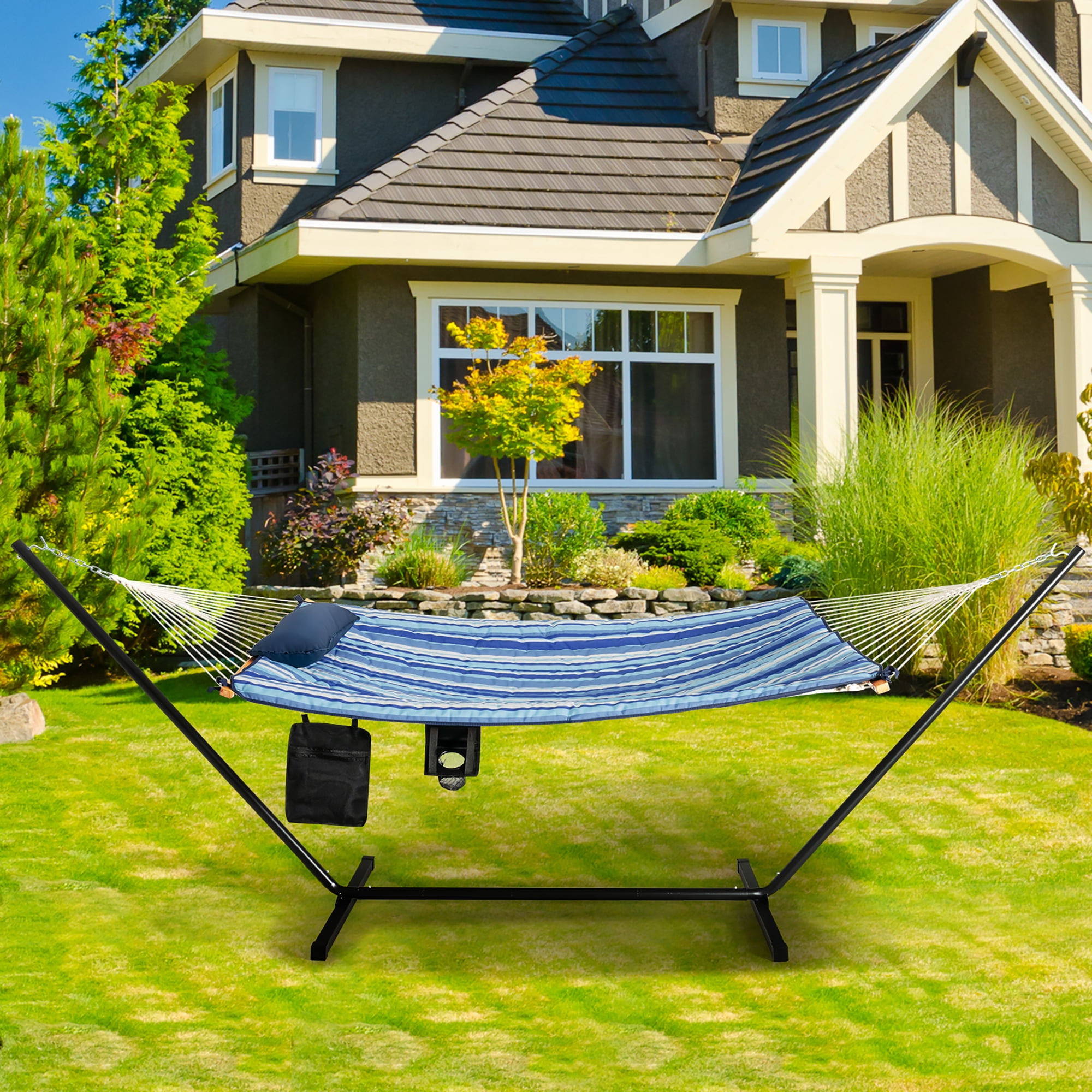 Costway Hammock Chair Stand Set Cotton Swing w/ Pillow Cup Holder Indoor Outdoor