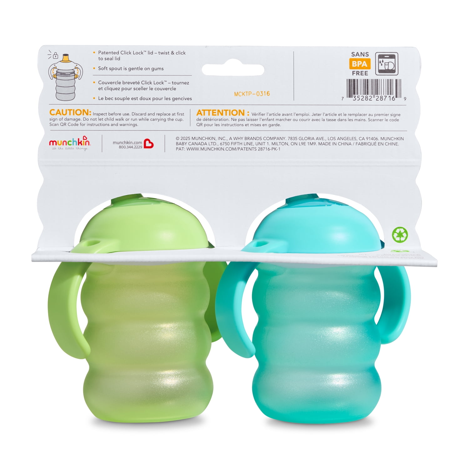 Munchkin Click Lock™ Toddler Sippy Cups, Spill Proof Trainer Sippy Cup for 6 Months Old and Up with Handles and Soft, Bite Proof Spout, 8 Ounce, 2 Pack, Blue/Green, Unisex