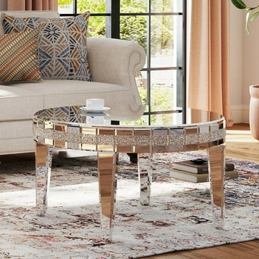 COSVALVE Mirrored Silver Round Coffee Table Luxury Cocktail Table with Legs & Crystal Inlay