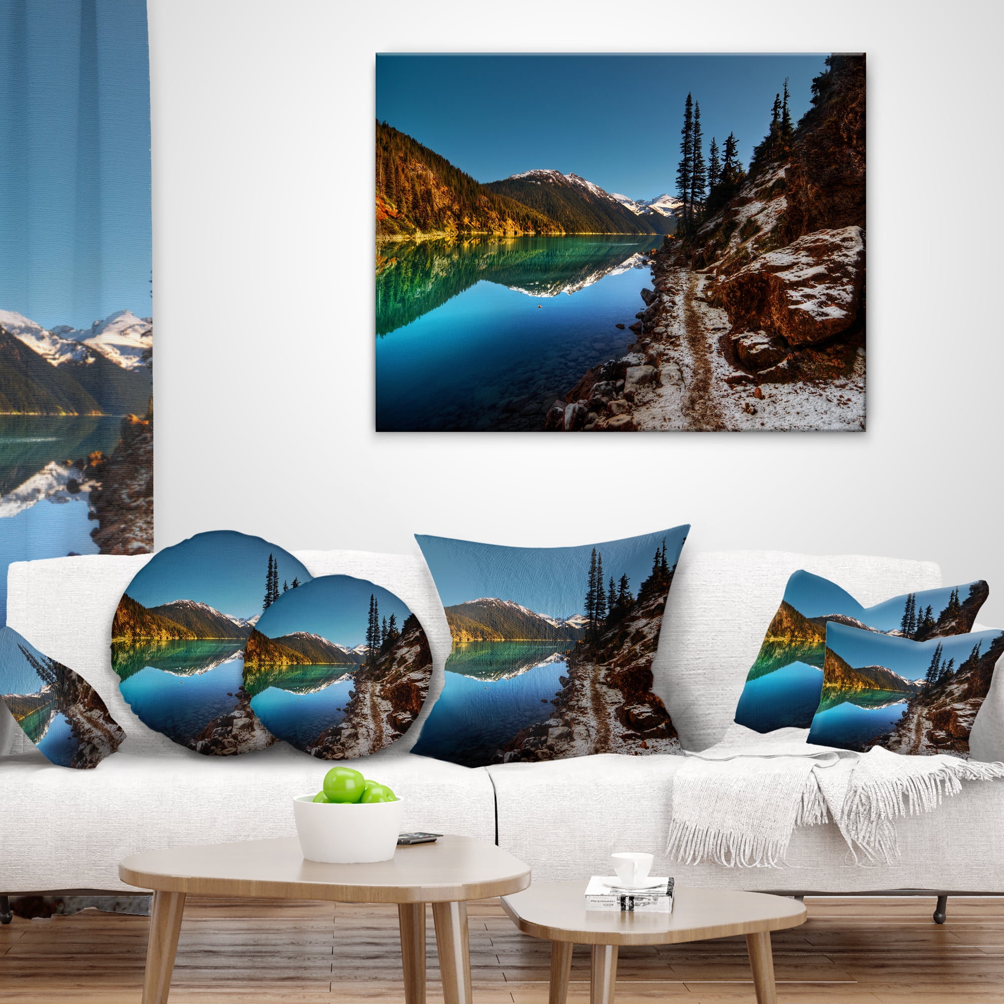Designart Blue Clear Lake with Mountains - Landscape Printed Throw Pillow - 12x20