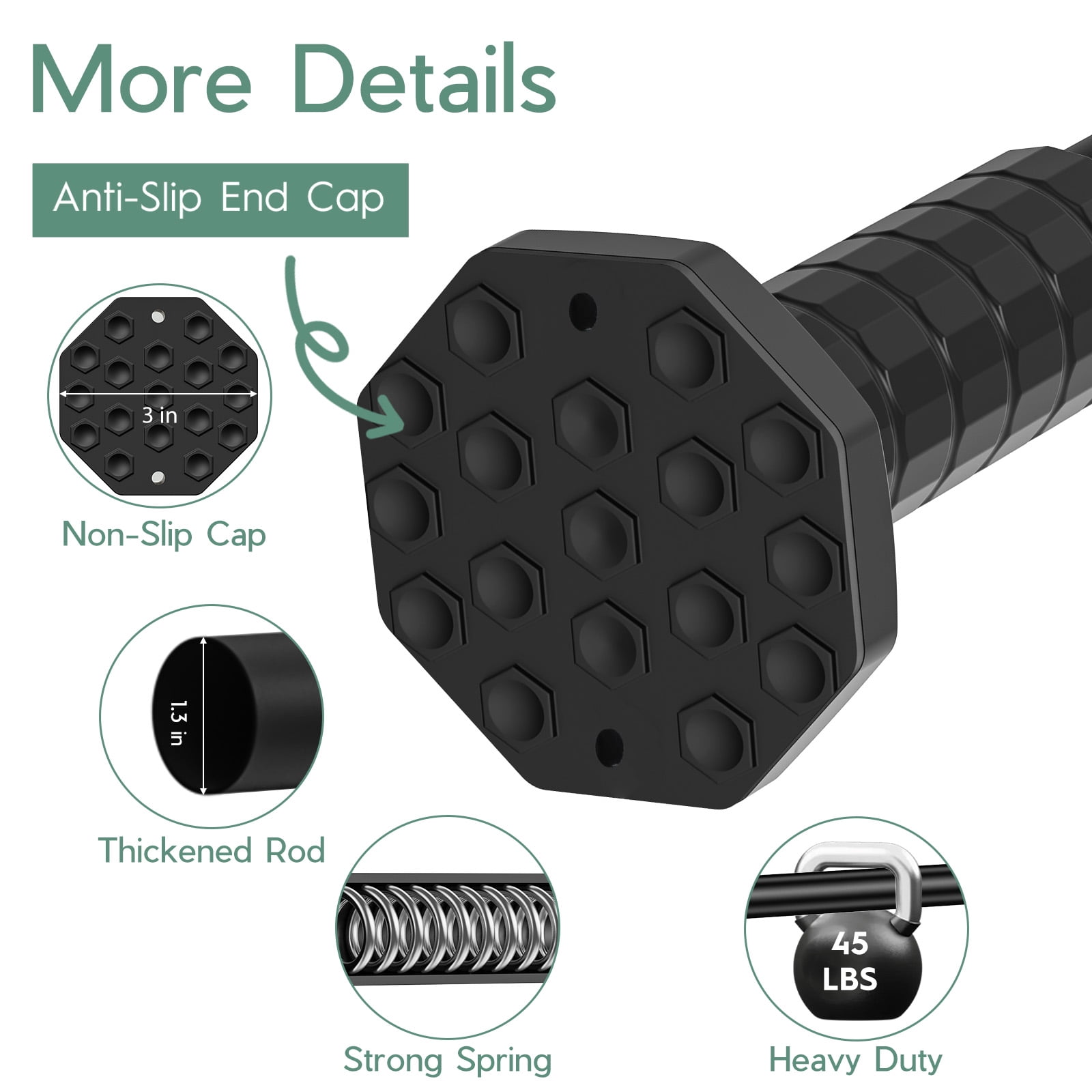 VEGCOO 45-128" Tension Curtain Rod, 2-in-1 Drill-Free or Screw-Fixed Heavy Duty Matte Black Shower Rod for Bathroom Windows Patio