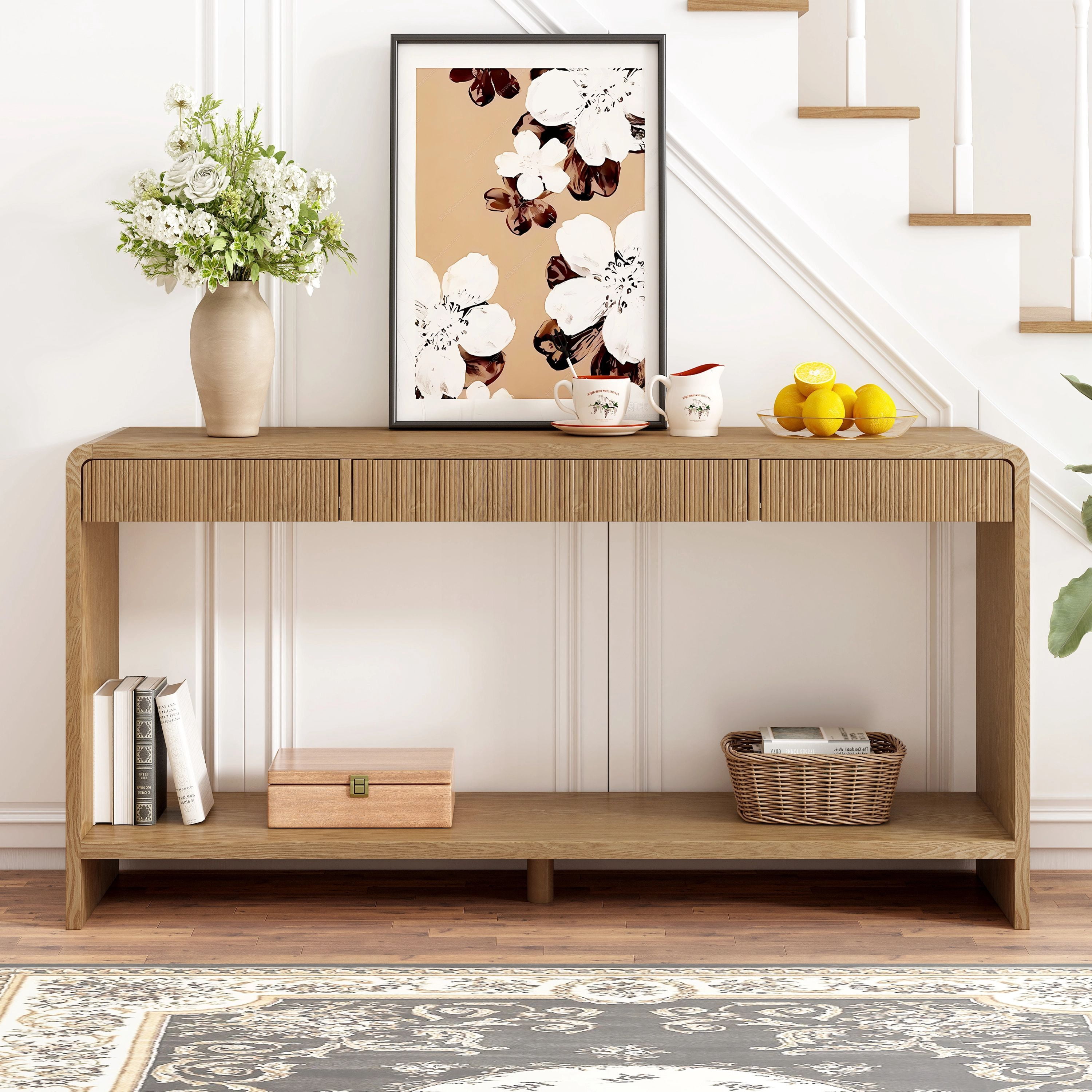 EUROCO 59" Console Table with 3 Drawers,Narrow Long Entryway Table with Round Edge Design and Bottom Shelf for Entryway Hallway Living Room,Brown