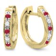 thumbnail image 1 of 0.15 Carat (ctw) 14K Yellow Gold Round Red Ruby & White Diamond Ladies Huggie Hoop Earrings, 1 of 1