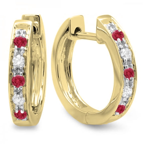 0.15 Carat (ctw) 14K Yellow Gold Round Red Ruby & White Diamond Ladies Huggie Hoop Earrings
