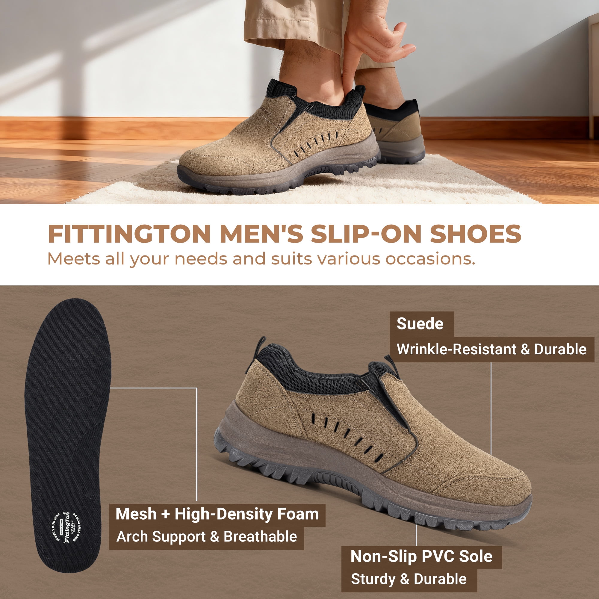 Fittington Mens Slip on Hiking Shoes Casual Outdoor Trainers Loafer, Khaki Color