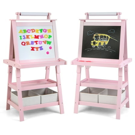 Gymax 3 in 1 Double-Sided Storage Art Easel w/Paint Cups for Kid Writing Teal Frosting Pink