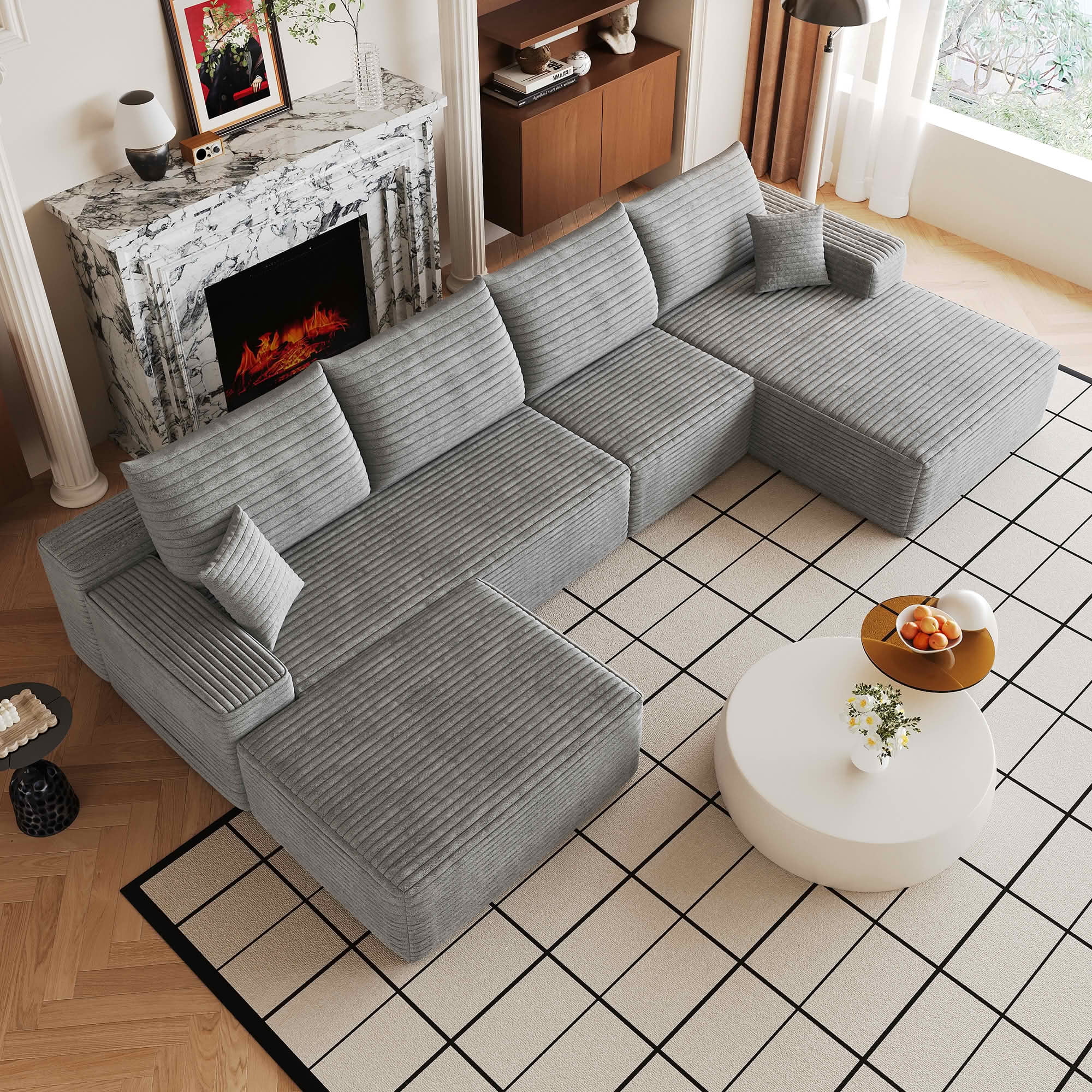 MAYEERTY 135" Cloud U-Shaped Sectional Sofa with 1 Ottoman, Plush Corduroy Deep Seat Modular Couch, No Assembly Minimalist Sofa for Living Room Apartment