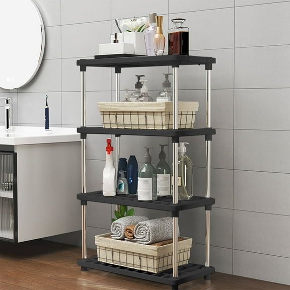 PPgejGEK 4 Tier Storage Shelves Independent Shelving Unit, Plastic Space Saving Floor Rack for Pantry Kitchen Closet Bath Laundry, Black, 80x42x22cm/31.5x16.5x8.7in