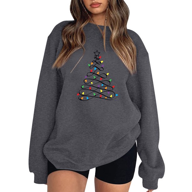 Gibobby Sudadera Navidad mujer Sudadera con capucha estampada navideña holgada para mujer con mangas hasta los hombros(Gris oscuro,CH)