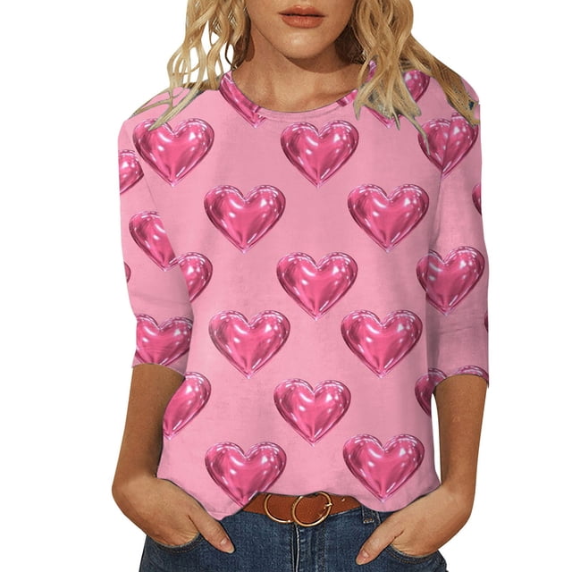 SZXZYGS T-Shirts Graphiques pour Femmes Crop Top Nœud T-Shirt Manches Trois-Quarts Imprimé Saint-Valentin Col Rond Été 2024