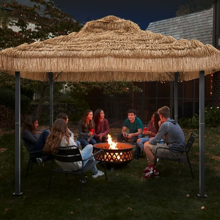 Ainfox 10x10 Thatched Tiki Pavilion Gazebo, Patio Gazebo with Straw Thatch Roofing, Hawaiian Style Steel Frame
