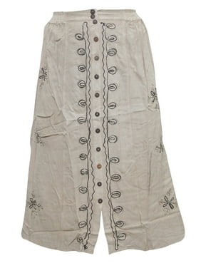 Mogul Women's Skirt Ivory Embroidered Button Front Boho Chic Beautiful Skirts