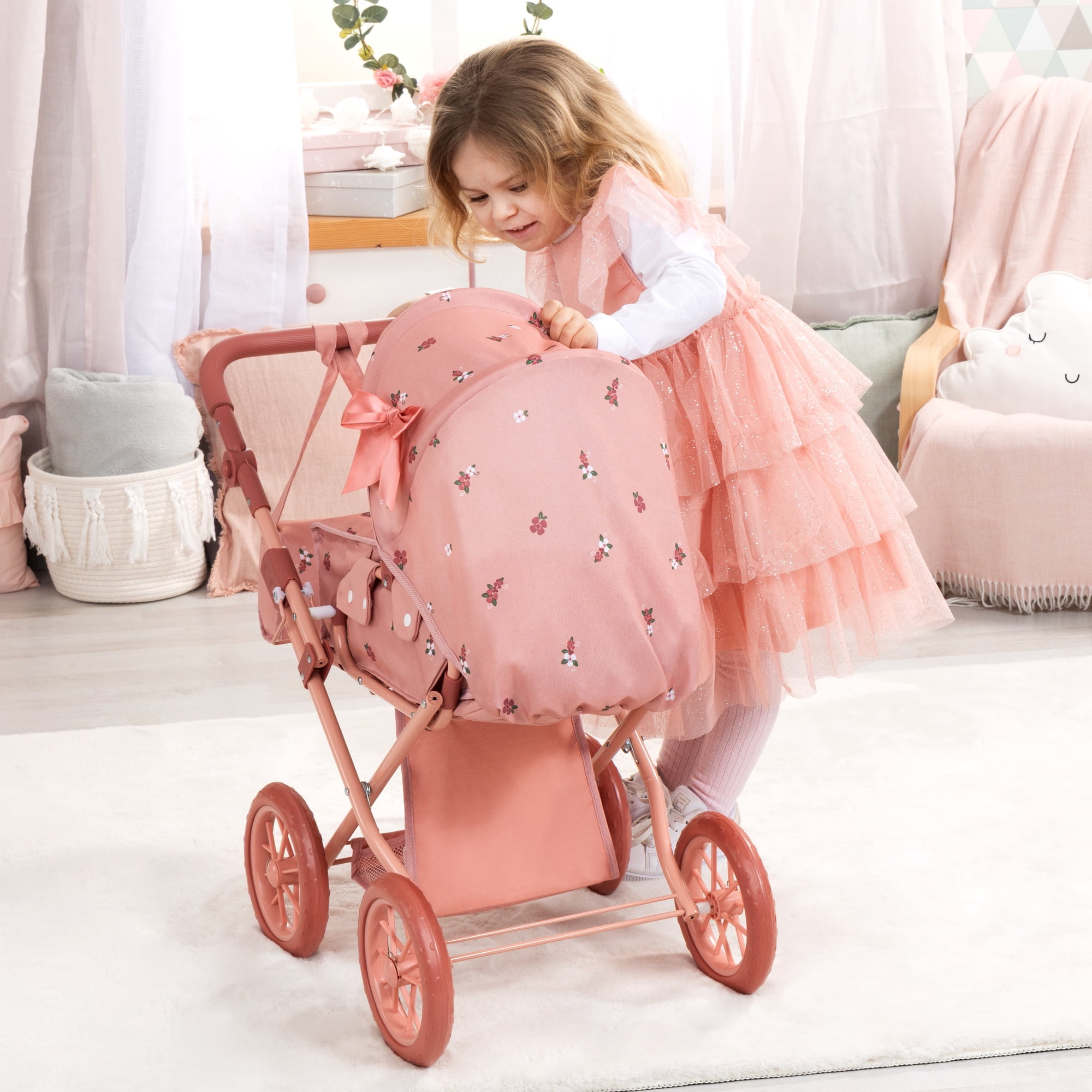 Bayer Design: Doll Pram City Star - Pink & Flowers - 2-In-1 Adjustable Pushchair & Stroller, Removable Carrycot, Handbag, Toy Fits 18" Dolls, Kids 3+