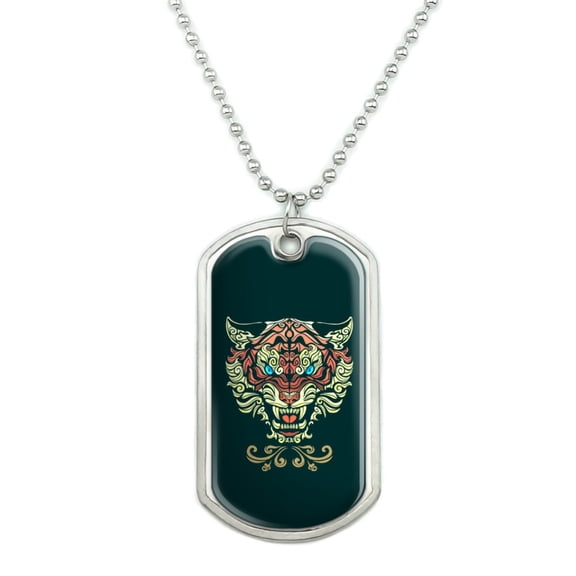 Fierce Snarling Tribal Tiger Oni  Military Dog Tag Pendant Necklace with Chain