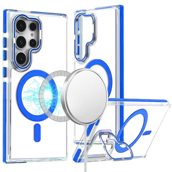 For Samsung Galaxy S25 Ultra Case, Hybrid Clear Back Case with Invisible Camera Bracket Stand, MagSafe Magnetic Circle, Shockproof Color Frame Phone Cover (Blue)