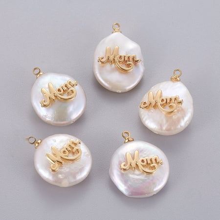 Mother's Day Theme Natural Cultured Freshwater Pearl Pendants with Brass Cabochons with Word Mom Golden 14~28x12~22x5~12mm Hole: 1.2mm DIY