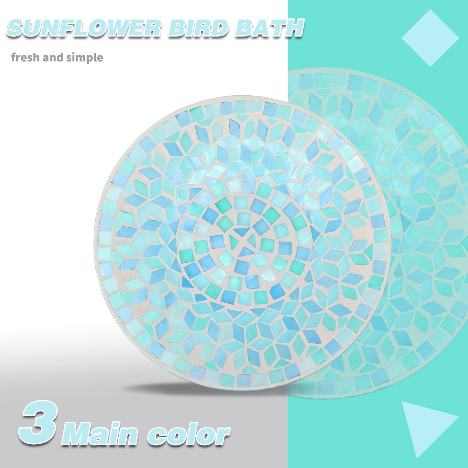 Mosaic Glass Bird Bath, Blue Birdbath, Bird Feeder with Metal Stake, Outdoor Decoration, Gift for Bird Lovers