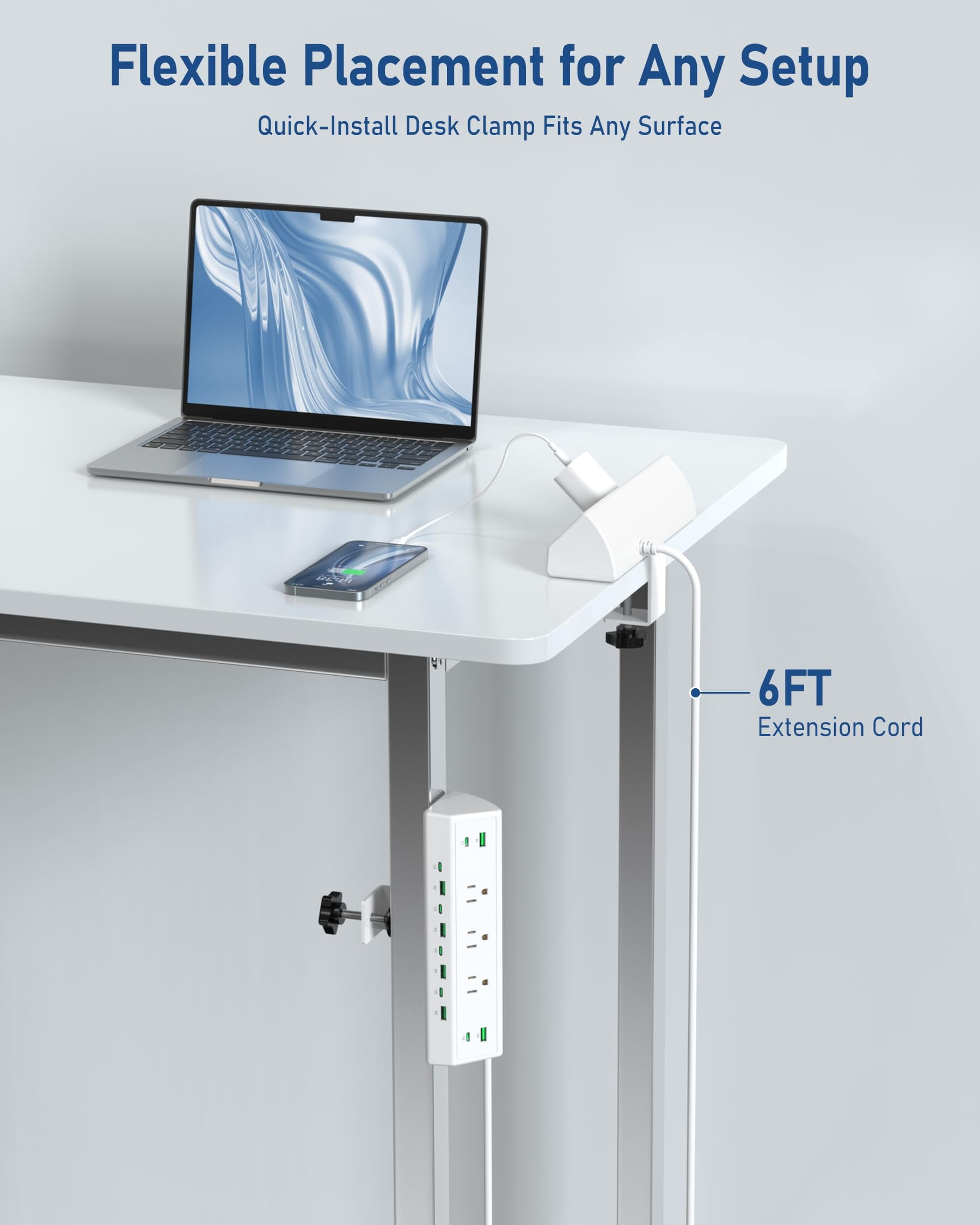 90w Desk Clamp Power Strip 12 Usb Ports (6 Pd 45w Usb-c) Surge Protector Etl Listed Hub Extension Cord Fast Charging Station For Home Office Edge Mount (white  12 Usb-90w)