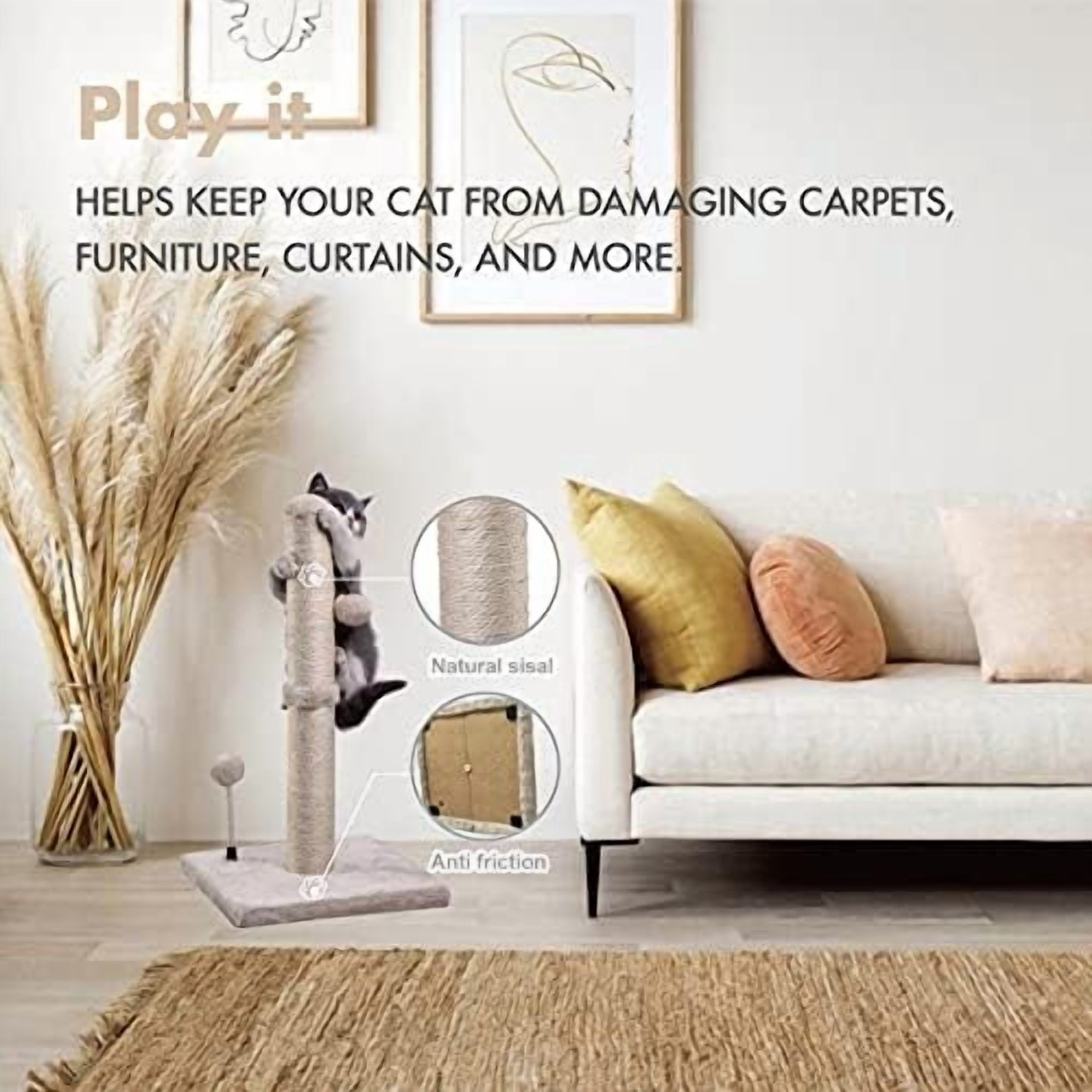 Cat Scratching Post Premium Basics Kitten Scratcher Sisal Scratch Posts with Hanging Ball 22in for Kittens or Smaller Cats (22 inches for Kitten, Beige) (Pack of 2)