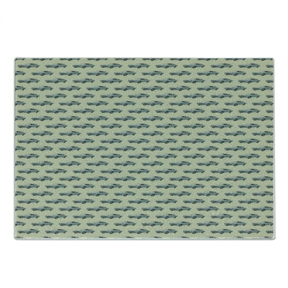 Vintage Cutting Board, Retro Sports Car Pattern with Classic Vehicle on a Pastel Background, Decorative Tempered Glass Cutting and Serving Board, Small Size, Pale Green Slate Blue, by Ambesonne