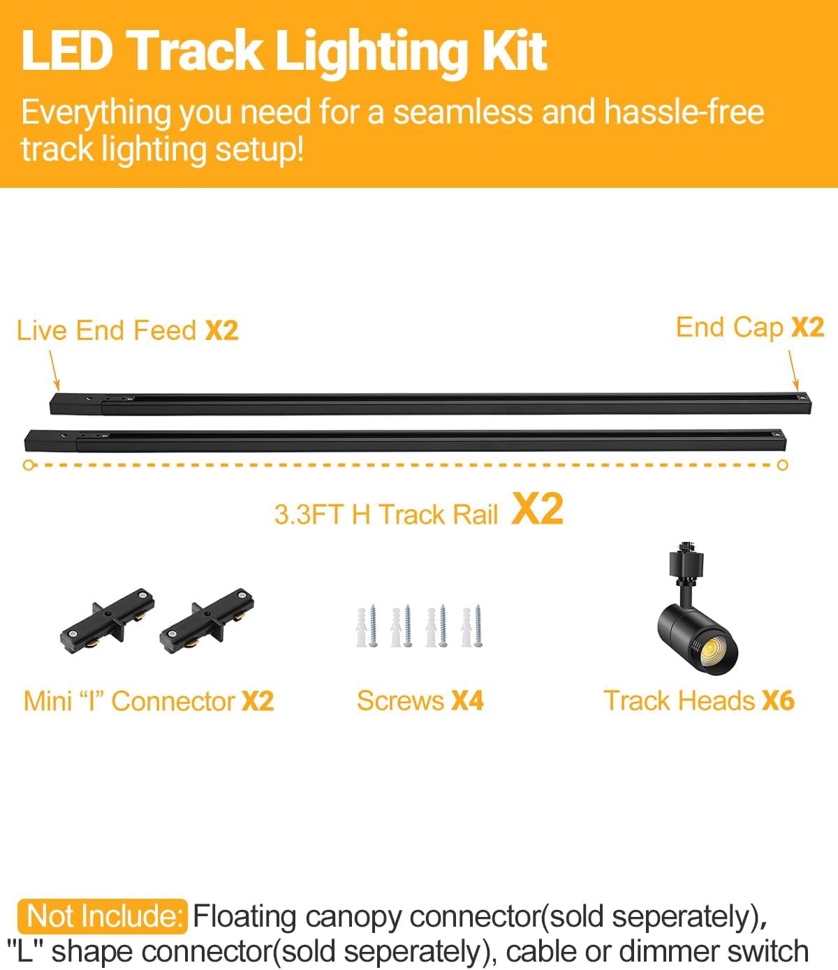 VANoopee 3-Color Zoomable 6 Light LED Track Lighting Kit with 6.6FT H Type Track Lighting Rail, Dimmable Modern Kitchen Track Lighting Fixtures Ceiling Spotlight 10W 1000lm Black