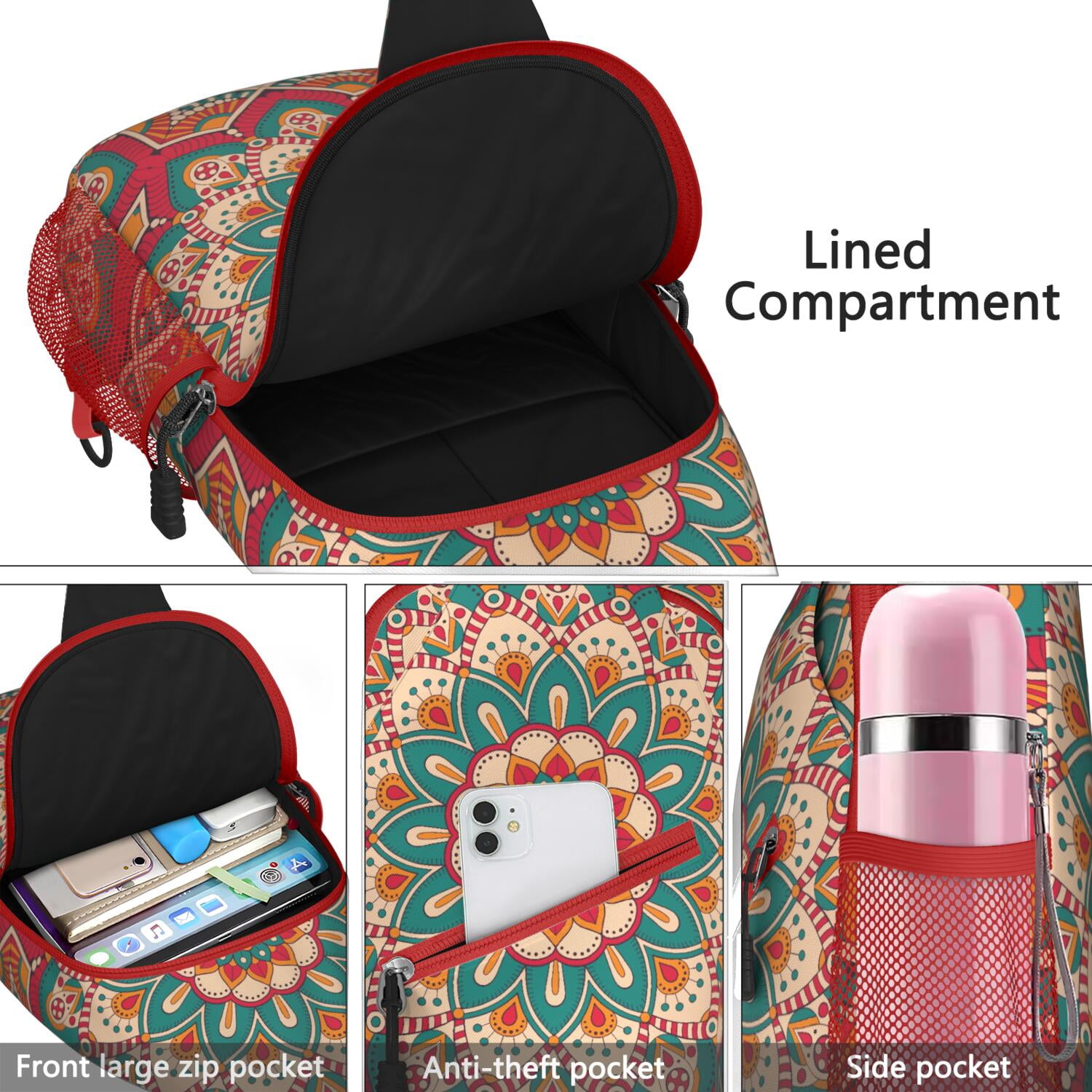 Artistic Spiritual Mandala Crossbody Bag Geometric Ornamental Abstract Zen Chest Pack Travel-Ready Lightweight Backpack for Men & Women