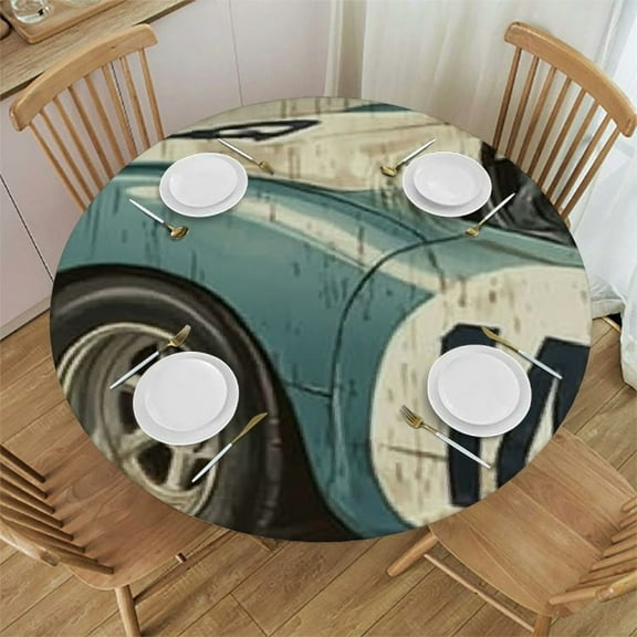 Round Fitted Table Cloth Race Car Elastic Tablecloth for Round Tables, Vintage Sports Car Waterproof