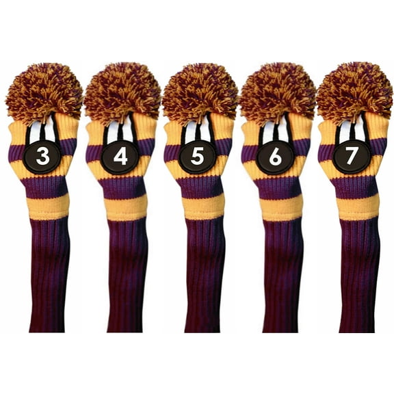 Majek #3, 4, 5, 6, & 7 Hybrid Combo Pack Rescue Utility Purple & Yellow Golf Headcover Knit Pom Pom Retro Classic Vintage Head Cover