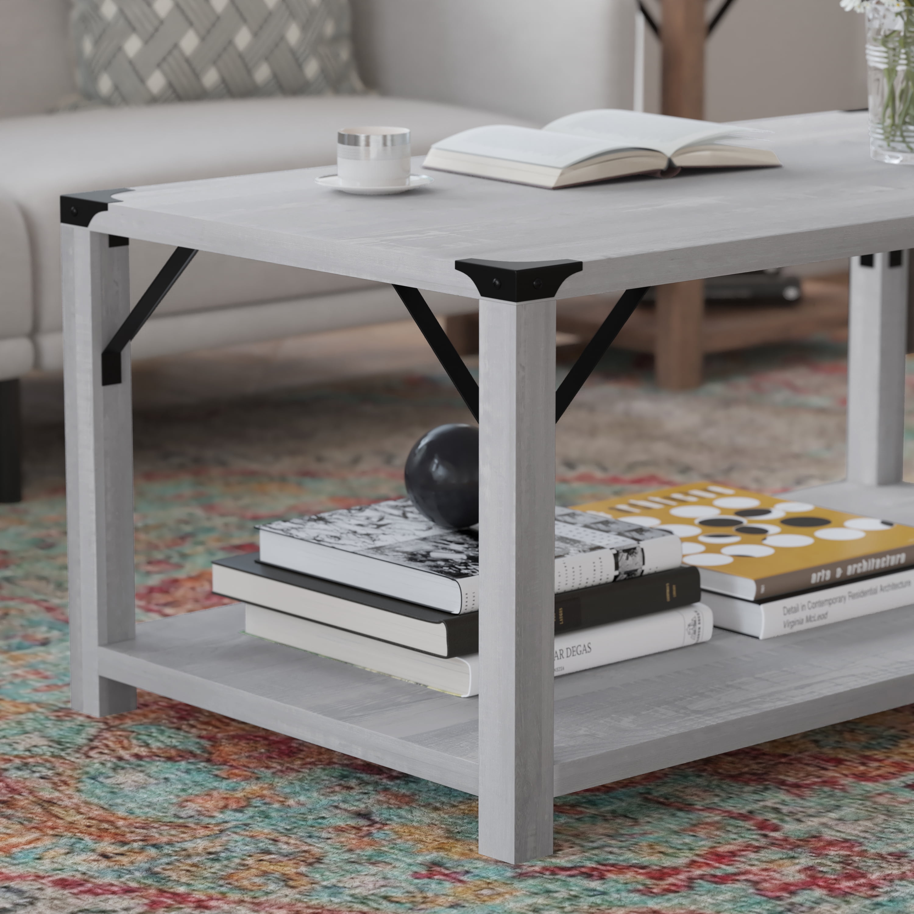 BizChair Modern Farmhouse Wooden 2 Tier Coffee Table with Black Metal Corner Accents and Cross Bracing, Aspen Gray