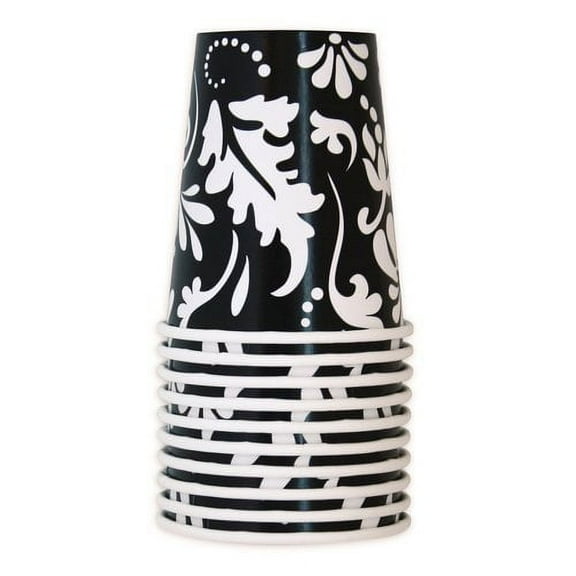 Various 9 oz Black Paisley Flowers Paper Cups - Set of 10