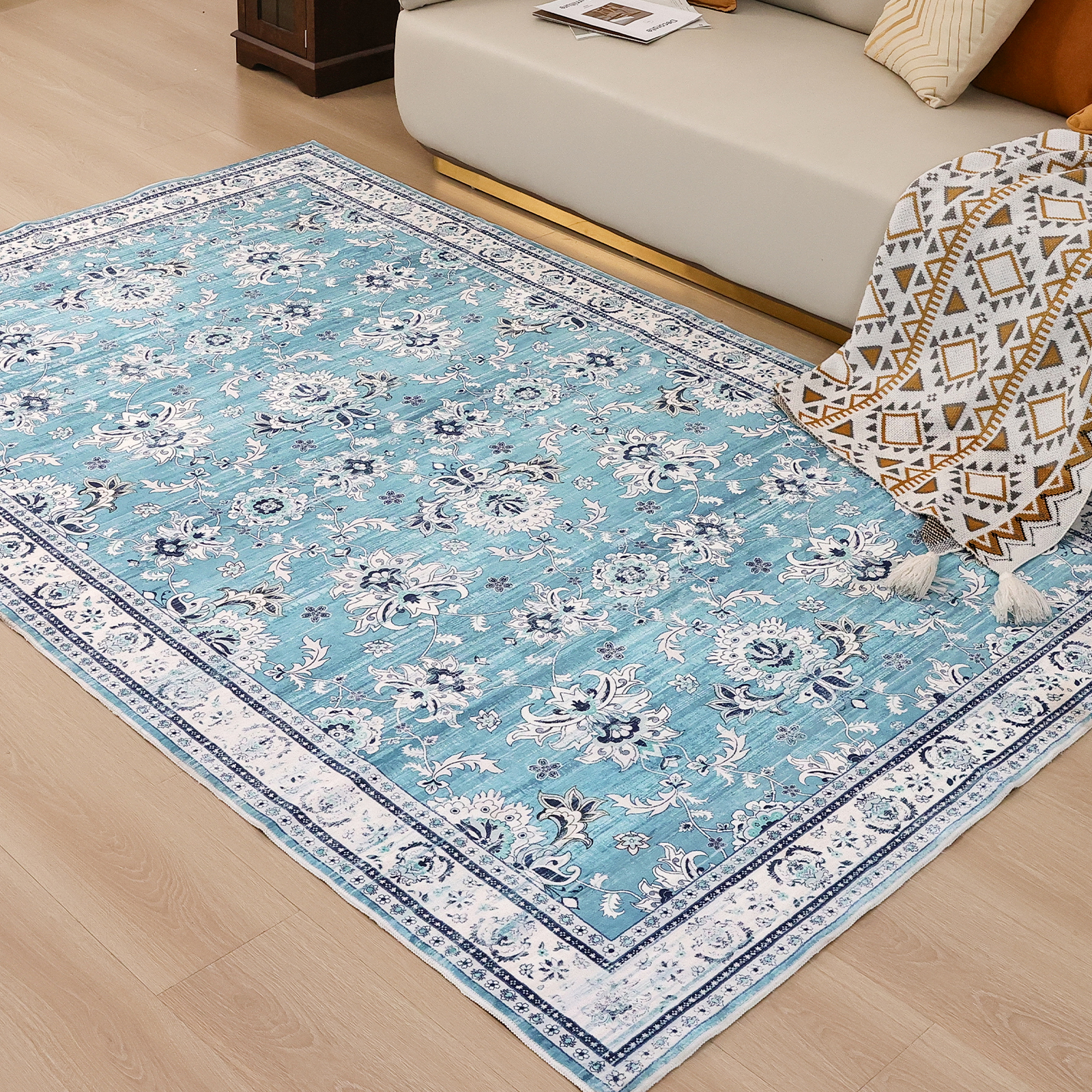 LOKHOM 5'x 8' Bohemian Area Rugs for Living Room, Non-Slip Backing Machine Washable Carpet, Blue