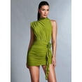 thumbnail image 4 of Green Asymmetrical One-Shoulder Ruched Mini Dress With 3D Flower Detail, 4 of 8