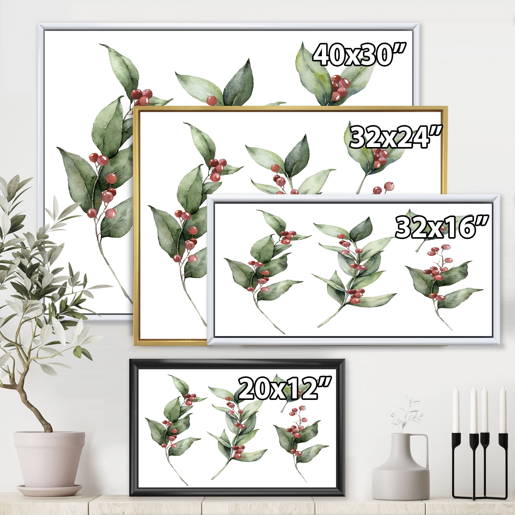 Designart 'Christmas Set Red Berrie With Branches' Traditional Framed Canvas Wall Art Print