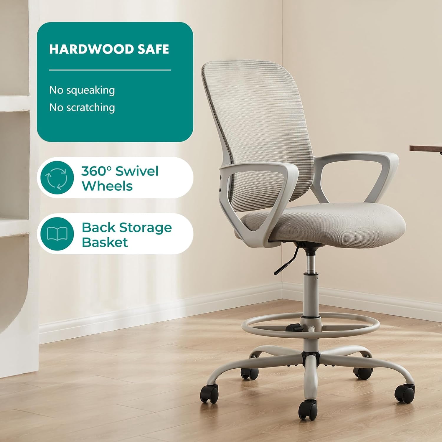Howcool Drafting Chair Tall Office Chair with Adjustable Foot Ring, Height Adjustable Swivel Rolling Counter Height Chair for Standing Desk Home Office
