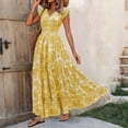 thumbnail image 2 of Boho Dresses for Women V Neck Short Sleeve Floral Printed Maxi Dresses Elastic Smocked Waist Tiered A Line Casual Dresses, M, 2 of 7