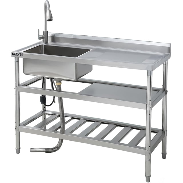 Évier Utilitaire Professionnel en Acier Inoxydable 45x20x34 Po avec Établi, Robinet à Bec Rétractable, Étagères de Rangement à Deux Niveaux, Autoportant Robuste pour Garage, Buanderie, Cuisine Commerciale